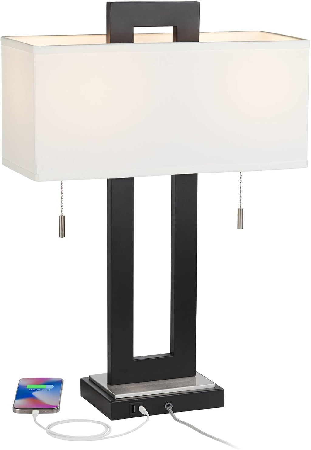360 Lighting Neil 26' High Modern Rustic Table Lamp with USB Ports A+C Charging Black Open Metal White Fabric Rectangular Shade for Bedroom Living Room House Home Bedside Nightstand Office Family