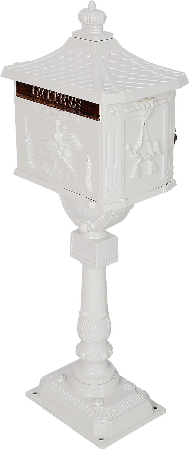 Cast Aluminum Post Mount Mailbox, Heavy Duty Courtyard Villa Decoration Vertical Security Postal Mailbox, White
