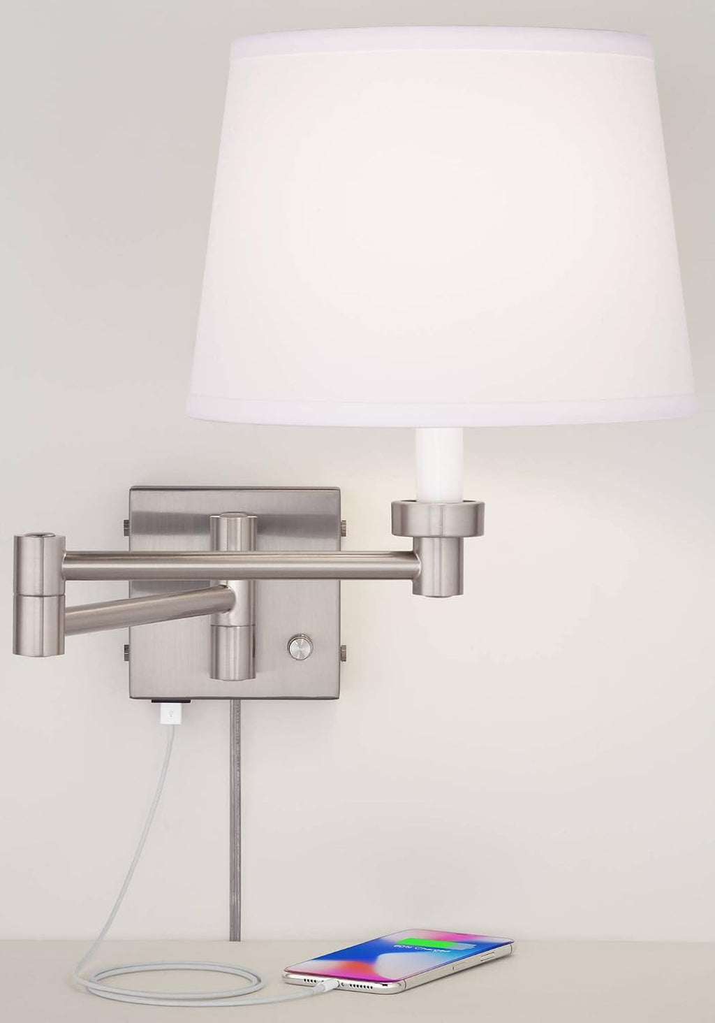 360 Lighting Vero Modern Swing Arm Wall Lamp with USB Charging Port Brushed Nickel Plug-in Light Fixture White Drum Shade for Bedroom Bedside House Reading Living Room Home Hallway Dining