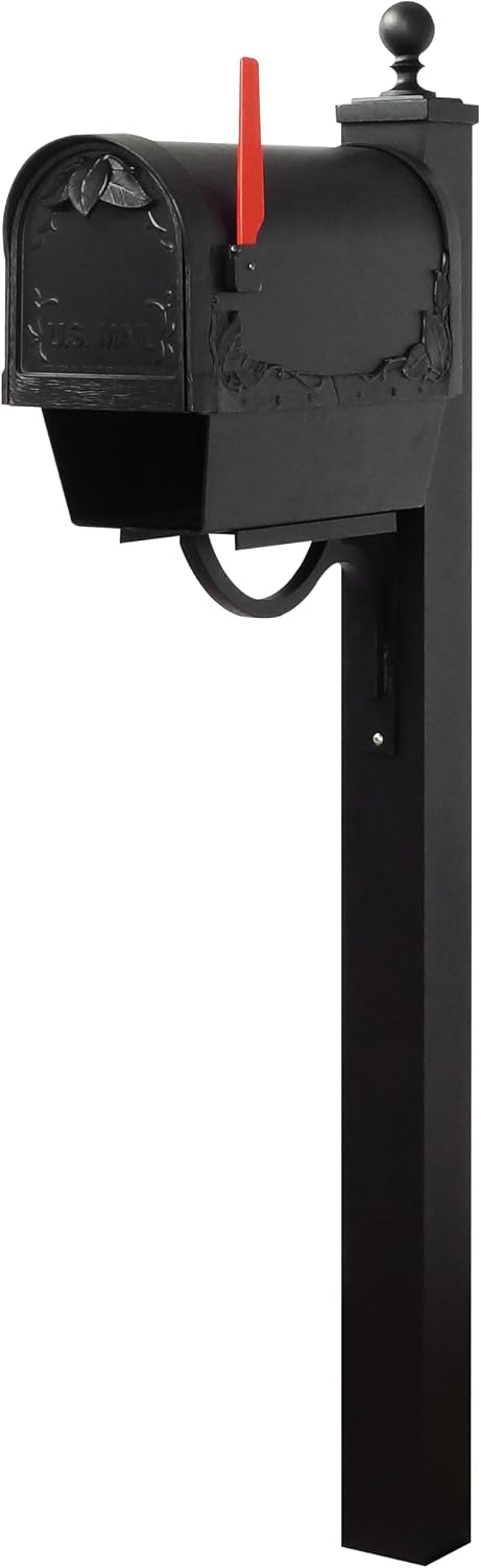 Special Lite Floral Curbside Mailbox with Paper Tube with Springfield Post - Black Aluminum Mailbox with Post - SCF2003-SPK710-BLK
