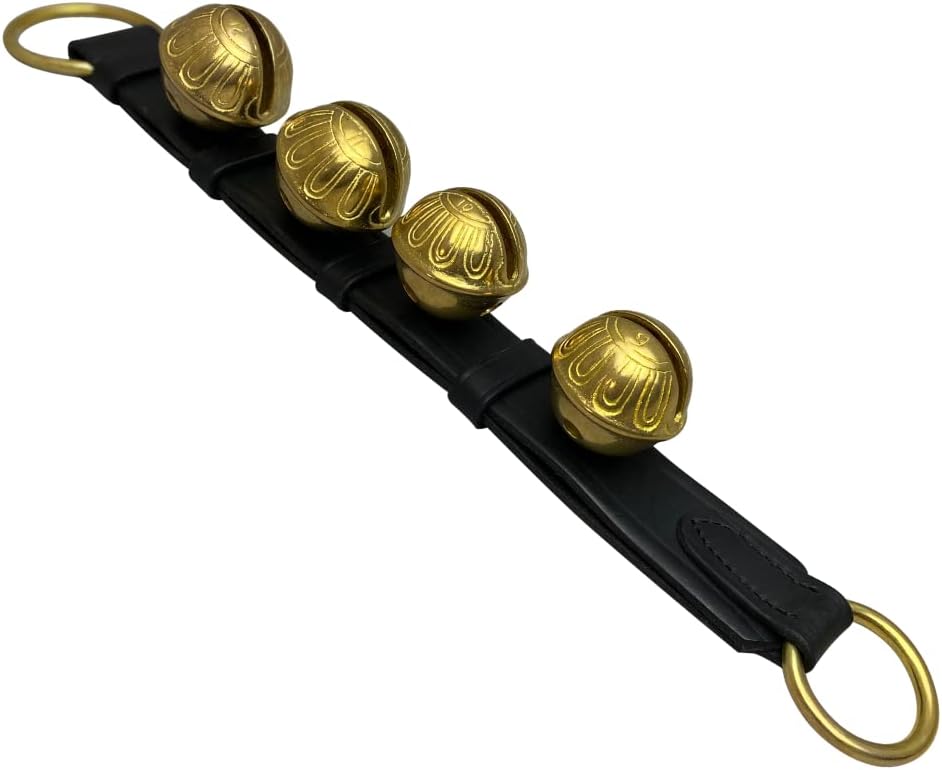 Rustic Red Door Co. Hanging Jingle Sleigh Bells on Leather Strap for Door Knob, Dog to Go Outside, Pet Puppy Potty Training, Christmas Decor, 4 Brass Bells, Black Leather