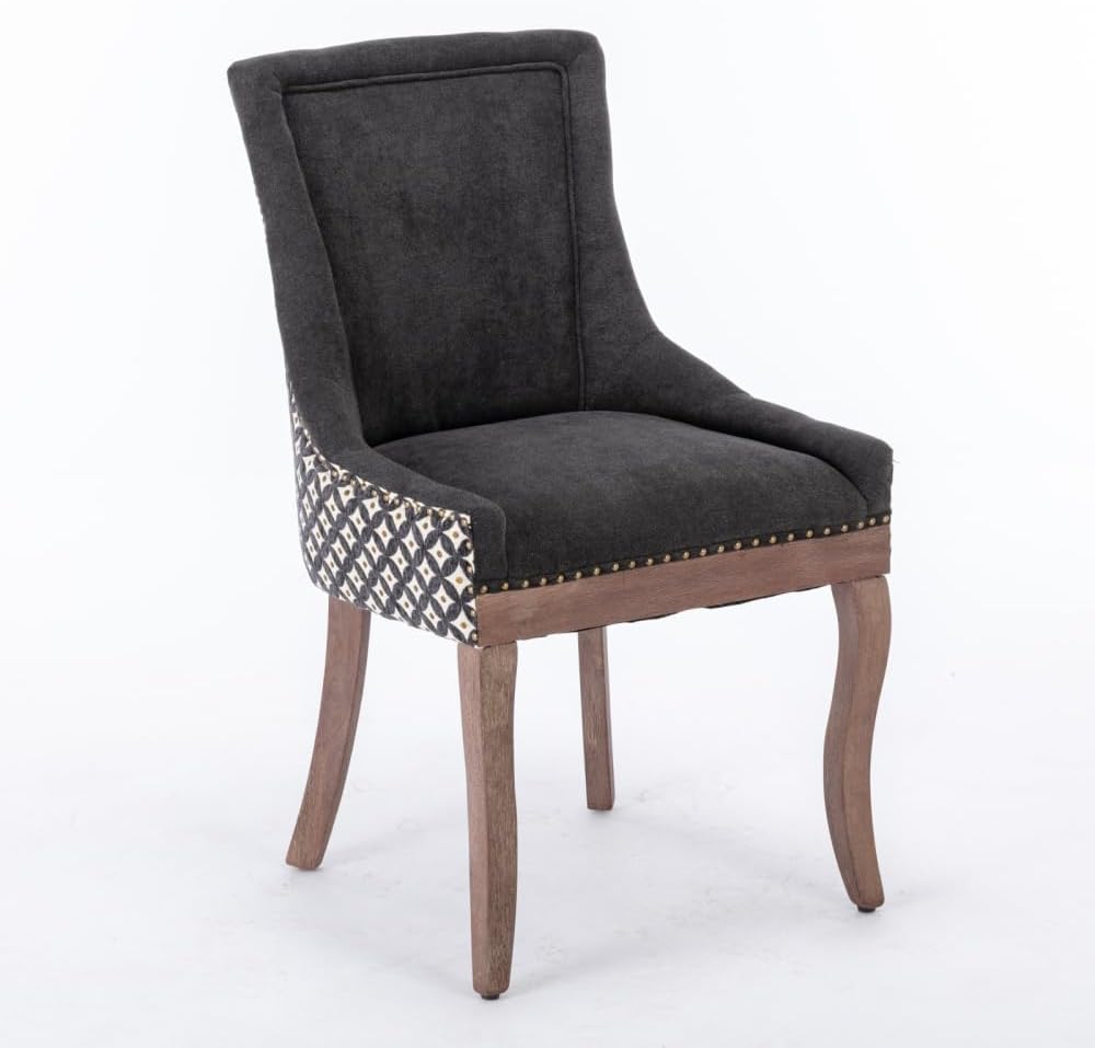 Dining Chairs Set of 2, Thickened Fabric Upholstered Chair with Neutral Solid Wood Legs & Bronze Nailhead Trim, Comfortable Accent Chairs for Dining Room/Kitchen/Living Space(Black+ Patterned+ Fabric)
