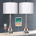 30' Large Modern Table Lamps Set of 2 for Living Room Bedroom with USB Charging Port,3-Way Dimmable Brushed Steel Nightstand Lamp Sets Bedside Touch Desk Lamp with White Fabric Shade (Bulb Included)