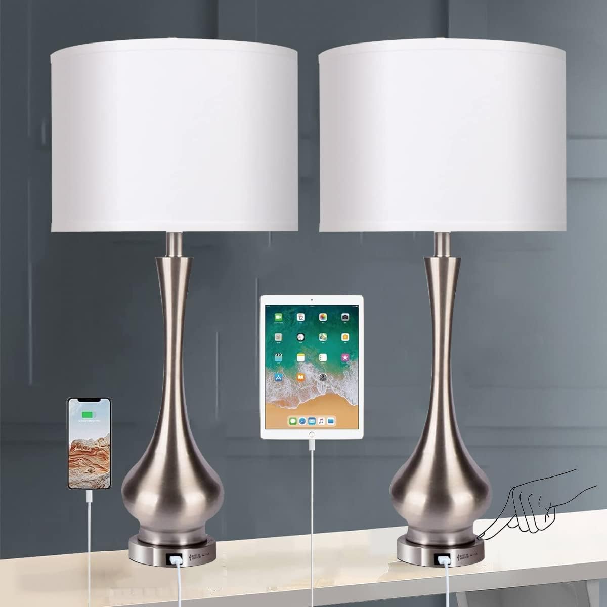 30' Large Modern Table Lamps Set of 2 for Living Room Bedroom with USB Charging Port,3-Way Dimmable Brushed Steel Nightstand Lamp Sets Bedside Touch Desk Lamp with White Fabric Shade (Bulb Included)