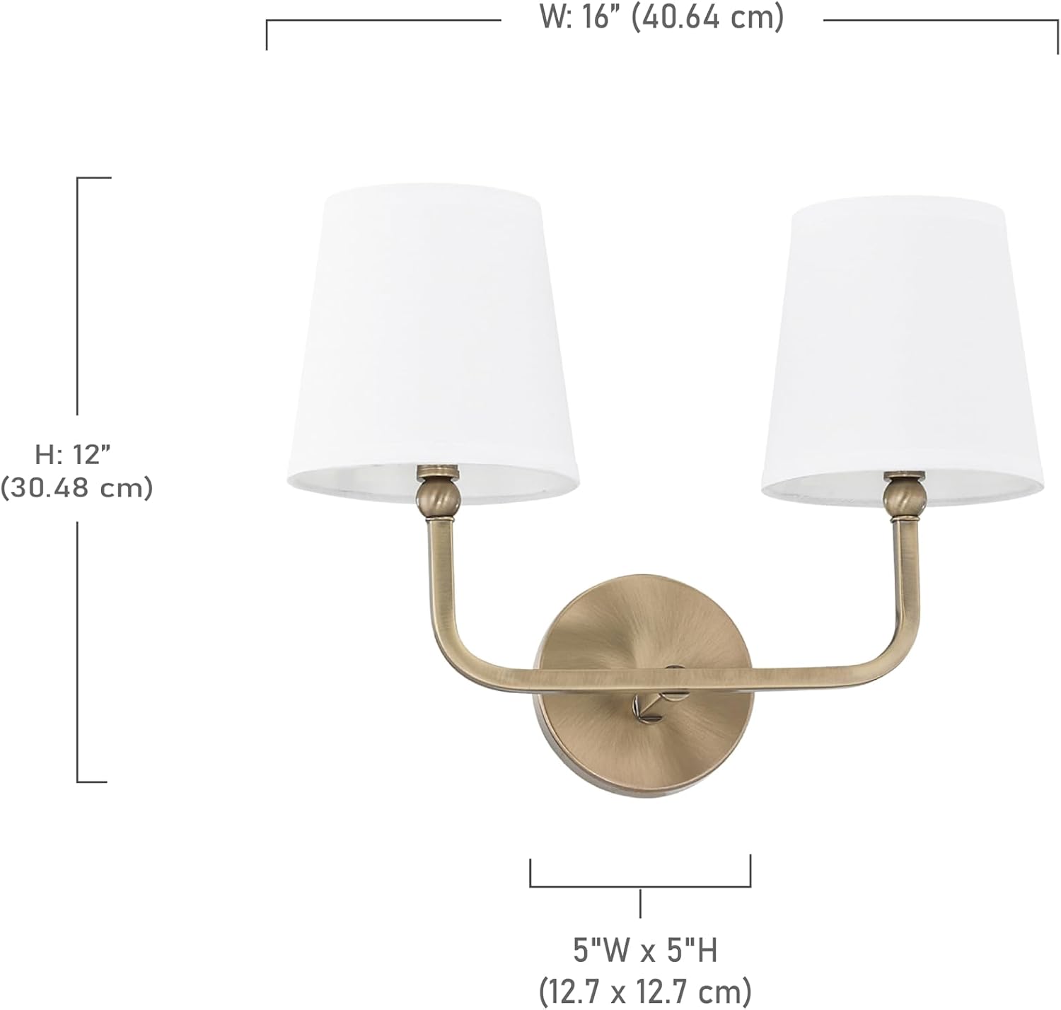 Capital Lighting 119321AD-674 Dawson Decorative White Fabric Stay-Straight Shade Bath Vanity Wall Mount, 2-Light 120 Total Watts, 12' H x 16' W, Aged Brass