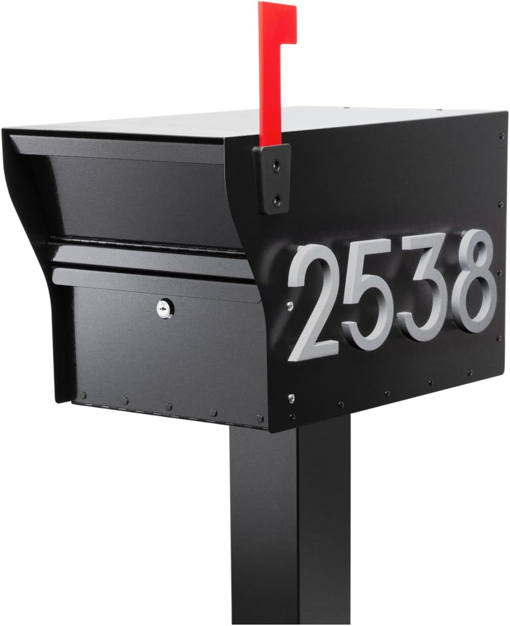 Whitehall MailVault Streetside Locking Mailbox with Standard Post and Personalizable Stand-Off Numbers – Steel, Secure Weather Resistant Modern Square Mailbox & Post (Black/Silver)