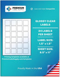 Premium Label Supply Glossy Clear Sticker Square Labels – 1.5' x 1.5' – Laser/Inkjet Compatible – (24 per Sheet), 1000 Sheets – 24,000 Total Adhesive Labels