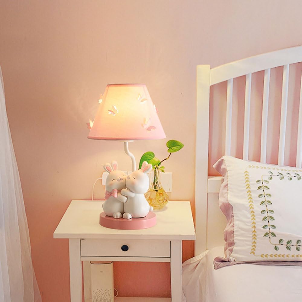 Pink Rabbit Lamp Cute Bunny Night Light Girl Lamp, Cartoon Animal Nightstand Lamps Bedside Table Lights, Children's Room Desktop Accent Lighting for Bedroom Dining Room Office Dorm