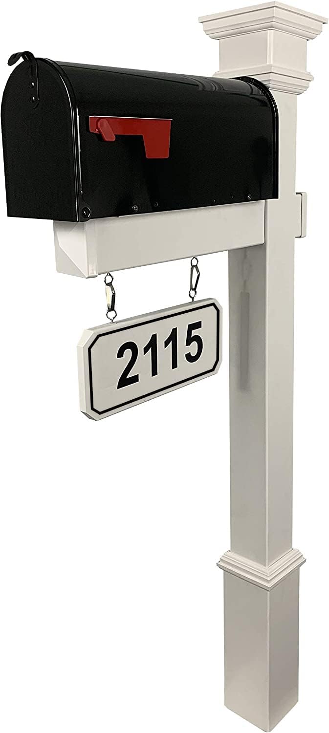 4Ever Products The Eastwood Mailbox System with Personalized Hanging Address Plate, Decorative Base, 72' White Vinyl Post, and Newport Style Cap