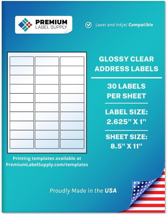 Premium Label Supply Glossy Clear Address Labels – 2.625' x 1' – Laser/Inkjet Compatible – (30 per Sheet), 500 Sheets - 15,000 Total Adhesive Labels