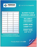 Premium Label Supply Glossy Clear Address Labels – 2.625' x 1' – Laser/Inkjet Compatible – (30 per Sheet), 500 Sheets - 15,000 Total Adhesive Labels