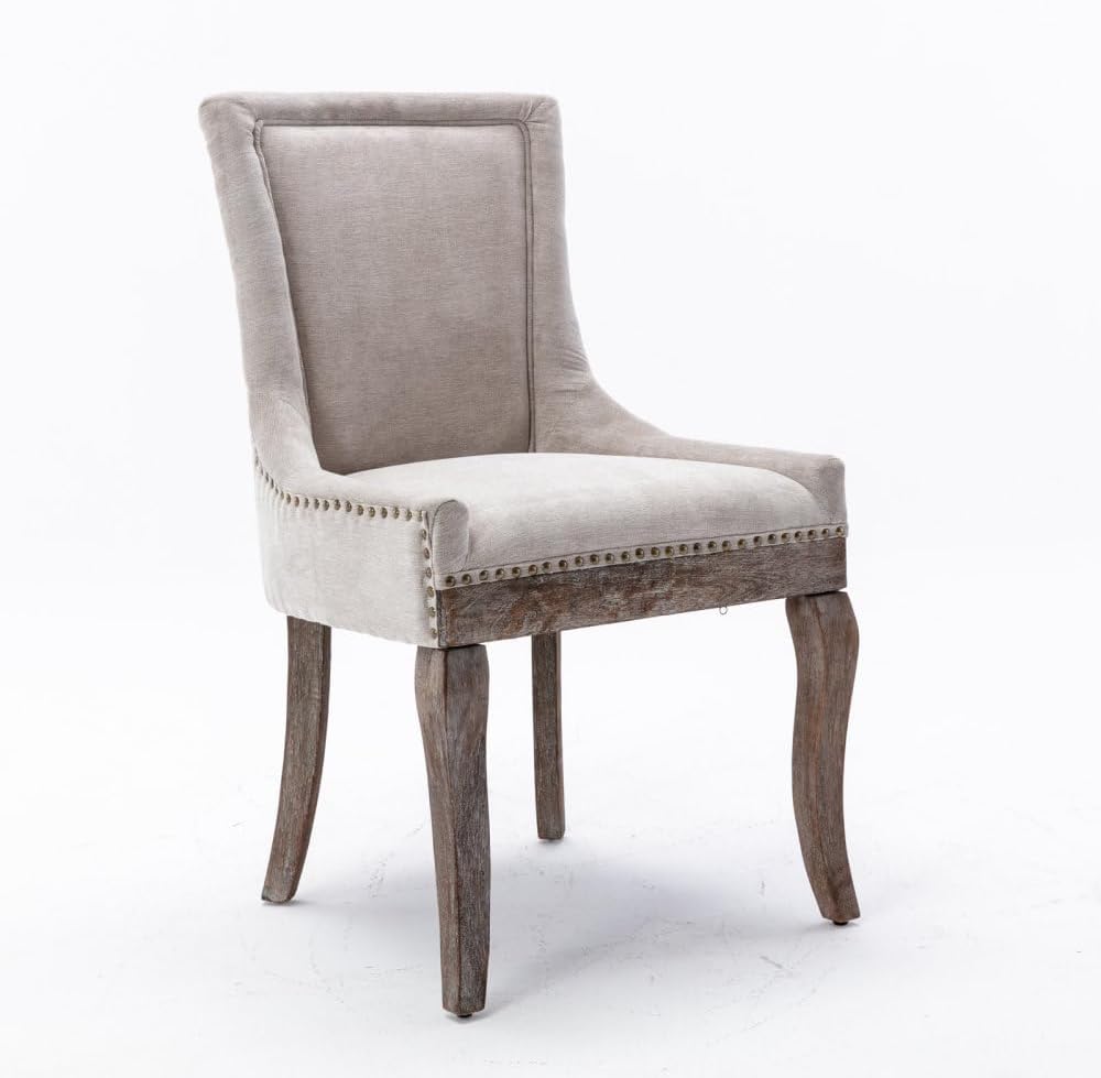 Dining Chairs Set of 2, Thickened Fabric Upholstered Chair with Neutral Solid Wood Legs & Bronze Nailhead Trim, Comfortable Accent Chairs for Dining Room/Kitchen/Living Space(Beige + Fabric)