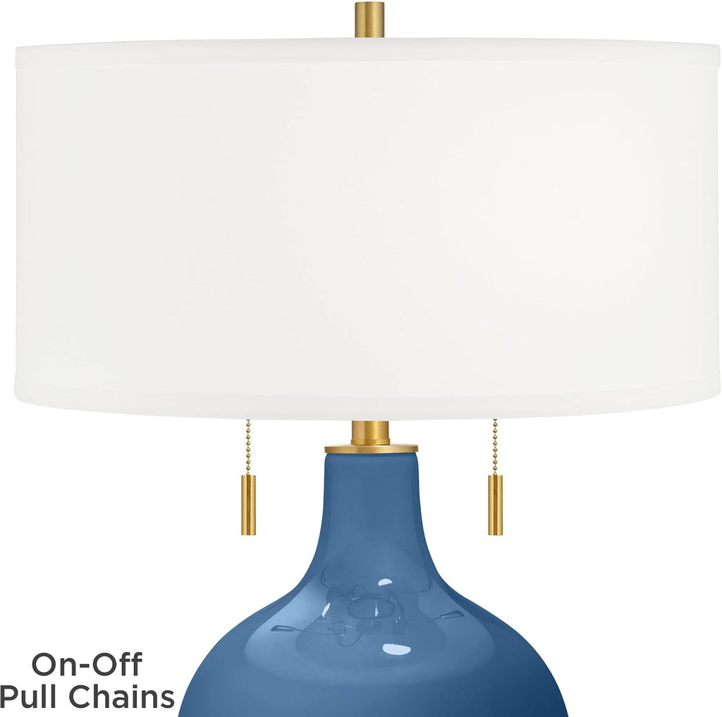Color + Plus Toby 28' Tall Modern Coastal Glass Table Lamp Pull Chain Regatta Blue Gold Brass Finish Single Fabric White Shade Living Room Bedroom Bedside Nightstand House Office Family Reading