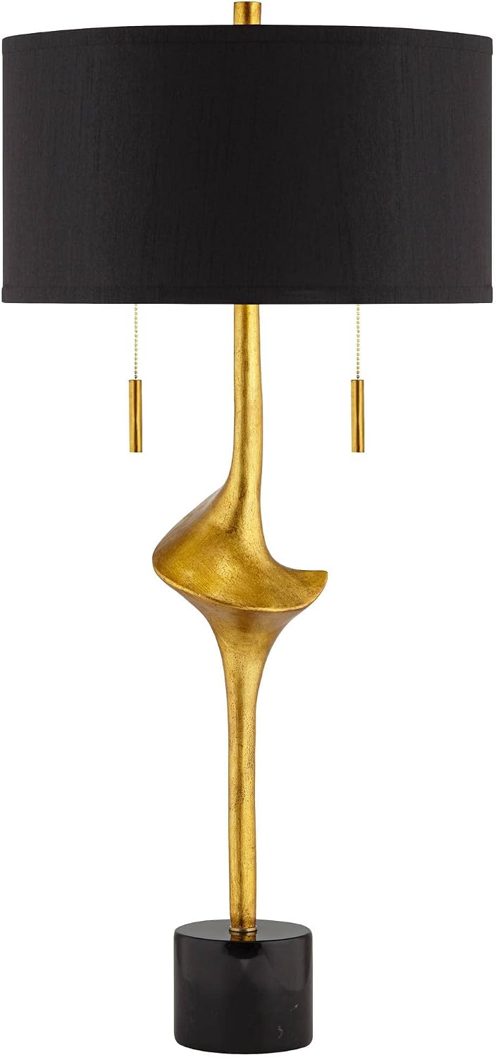Possini Euro Design Athena Mid Century Modern Buffet Table Lamp 35 1/2' Tall Skinny Sculptural Gold Leaf Metal Abstract Black Drum Shade Decor Bedroom Living Nightstand Bedside Office Kids Room