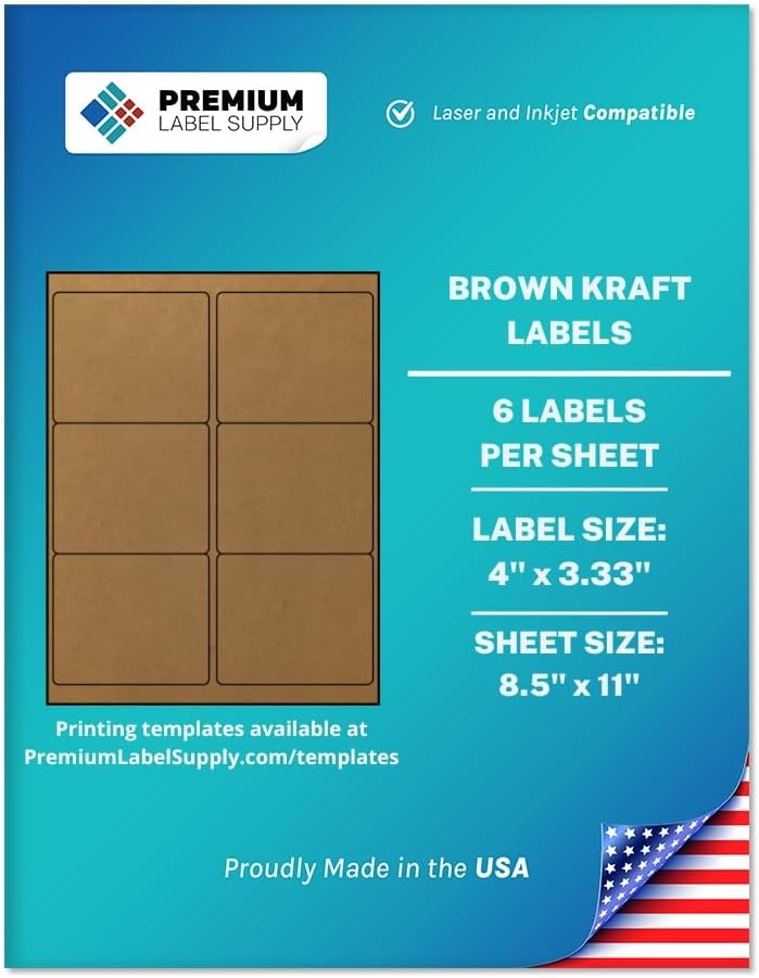 Premium Label Supply Brown Kraft Sticker Labels – 4' x 3.33' – Laser/Inkjet Compatible – (6 per Sheet), 500 Sheets – 3,000 Total Adhesive Labels