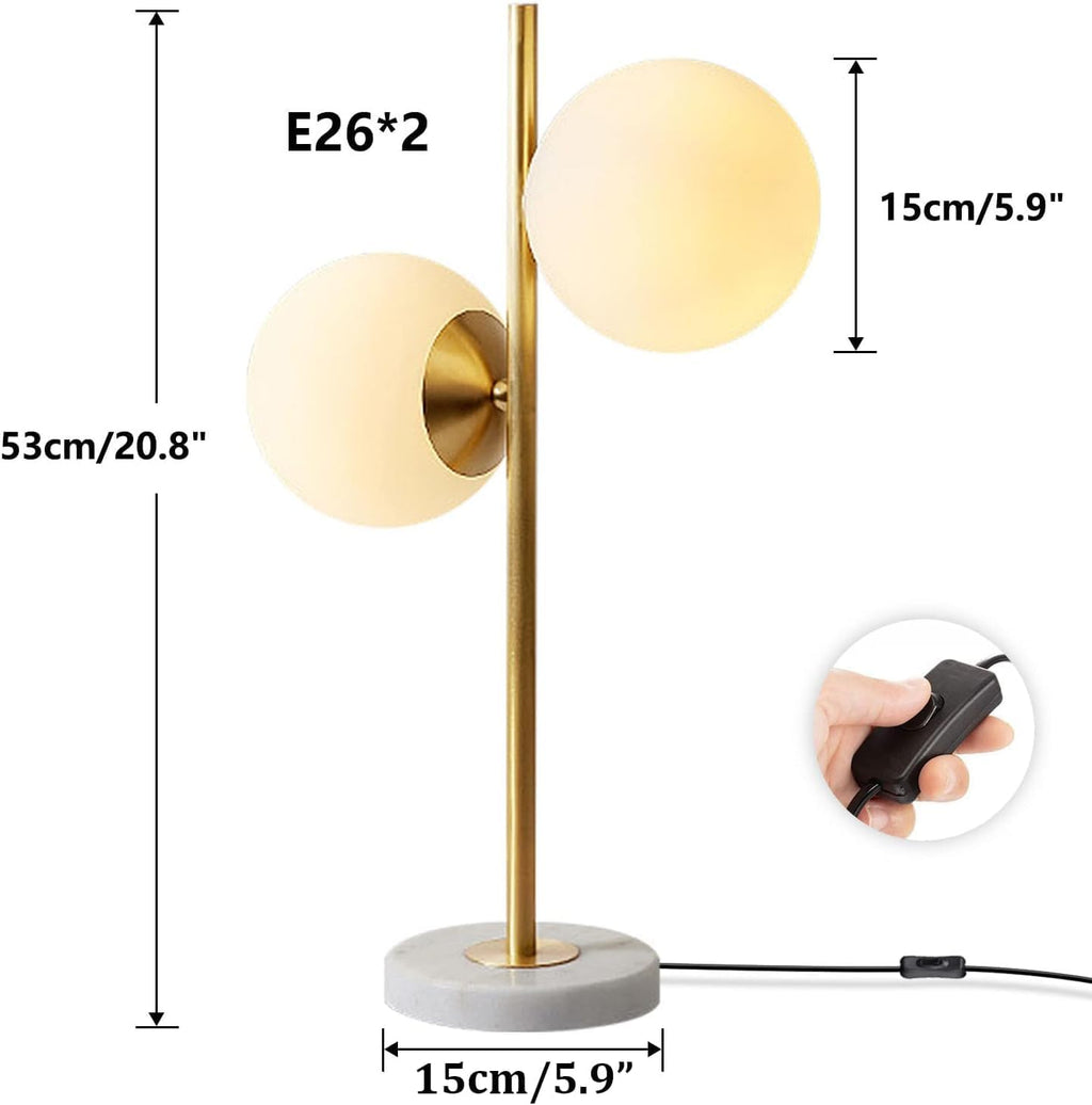 KCO Lighting Mid-Century Modern Table Lamp 2-Light Frosted Glass Globe Desk Lamp with Brushed Brass Finished Nightstand Bedside Lamp