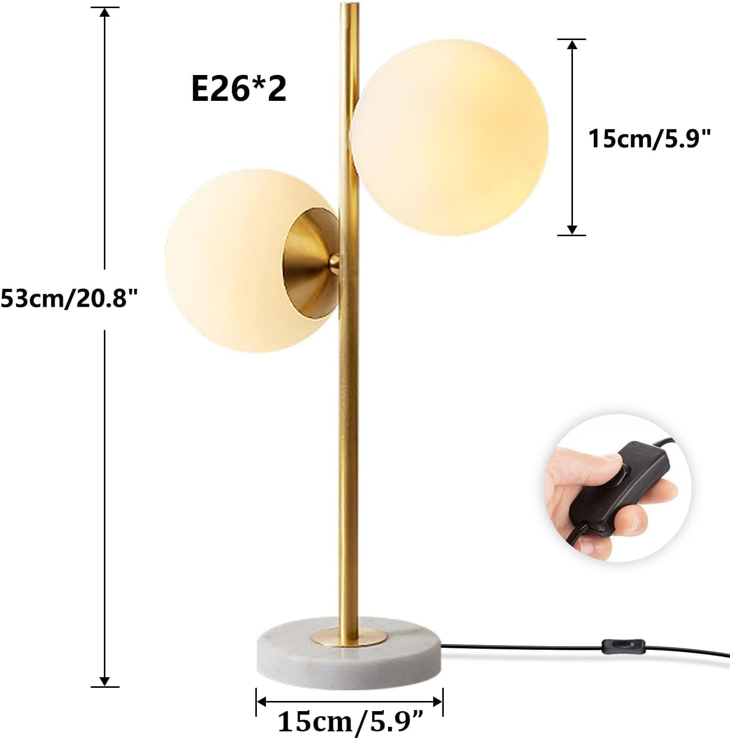 KCO Lighting Mid-Century Modern Table Lamp 2-Light Frosted Glass Globe Desk Lamp with Brushed Brass Finished Nightstand Bedside Lamp