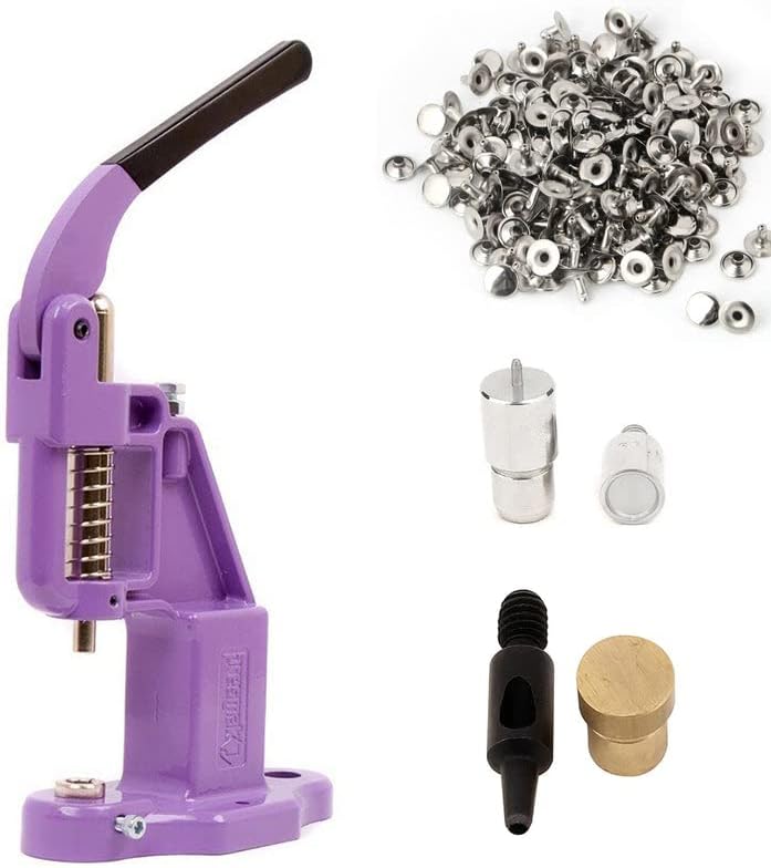 9mm Rivets Kit (1000 Sets) with Hand Press Machine, Dies and Hole Punch. Leather Rivets Single Round Cap Metal Stud Fasteners for Bag Belt Wallet Jeans(Lilac Press& Silver Rivets)