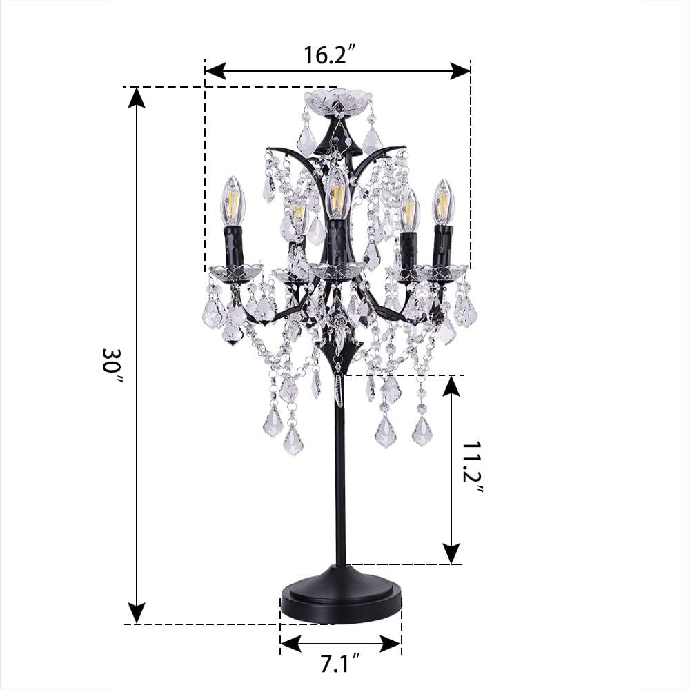 TOCHIC 5-Light Farmhouse Tranditional Crystal Table Lamp, Black Craft Candelabra Lighting Fixture 30'' Tall for Living Room, Reading Room, Bedroom, Office