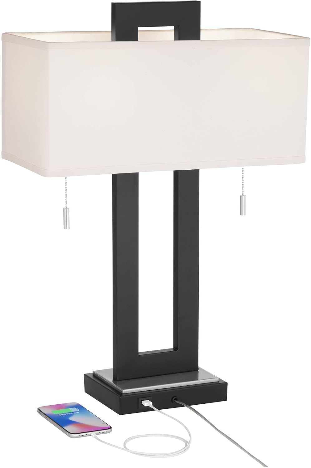 360 Lighting Neil 26' High Rectangular Rustic Modern Table Lamps Set of 2 USB Port Pull Chain Black Metal White Shade Living Room Charging Bedroom Bedside Nightstand House Office Entryway