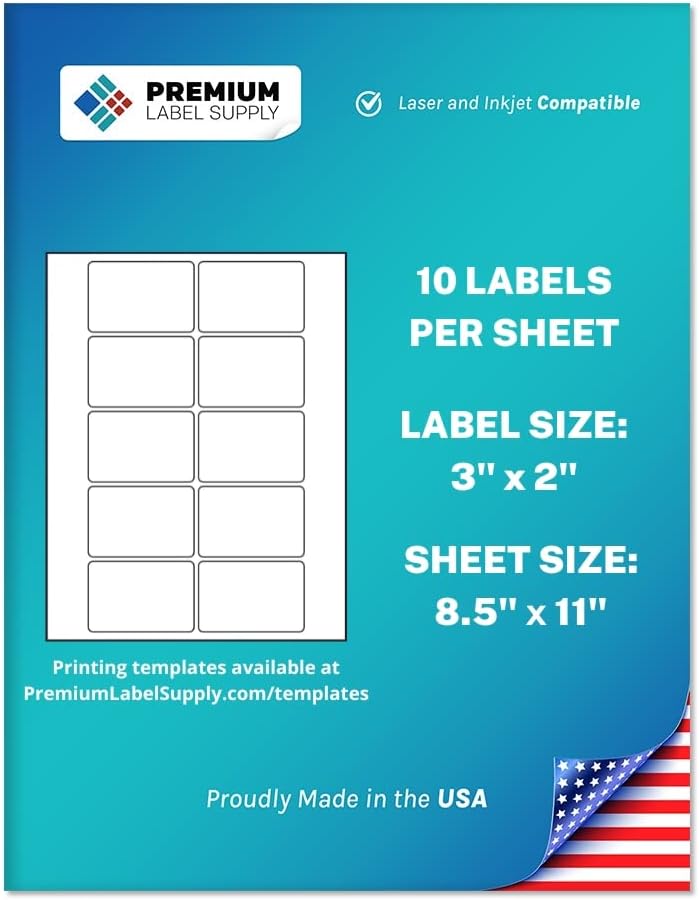 Premium Label Supply White Sticker Product/Shipping Labels – 3' x 2' – Laser/Inkjet Compatible – (10 per Sheet), 1000 Sheets – 10,000 Total Adhesive Labels