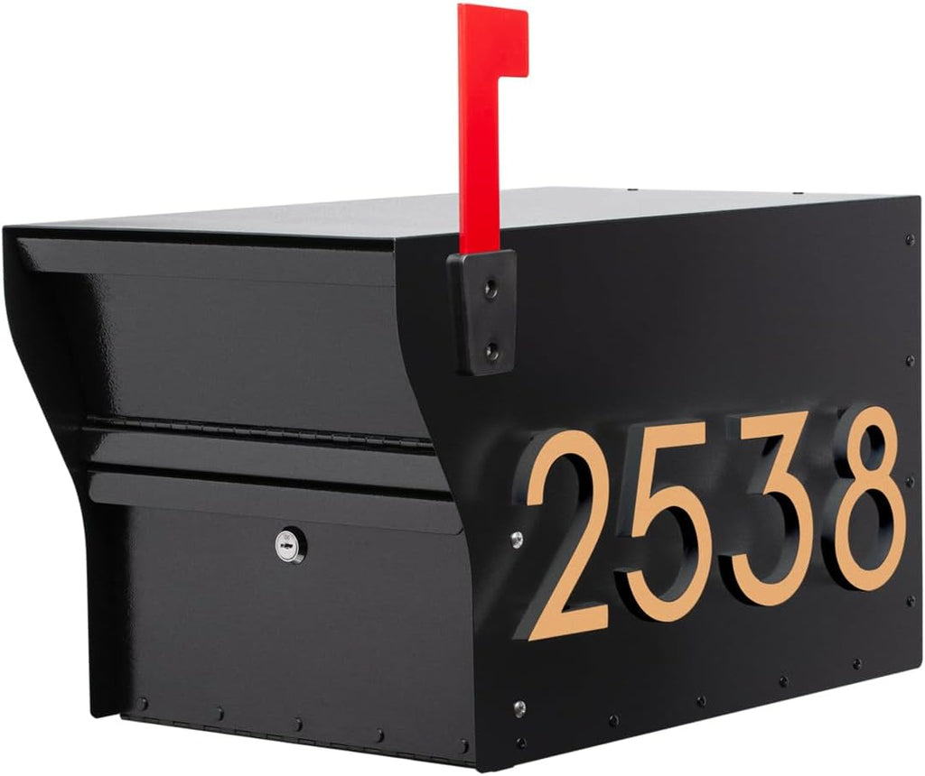 Whitehall MailVault Streetside Locking Mailbox, Personalize with Modern Stand-Off Address Numbers Package – Steel, Secure Weather Resistant Modern Square Mailbox (Black/Gold)