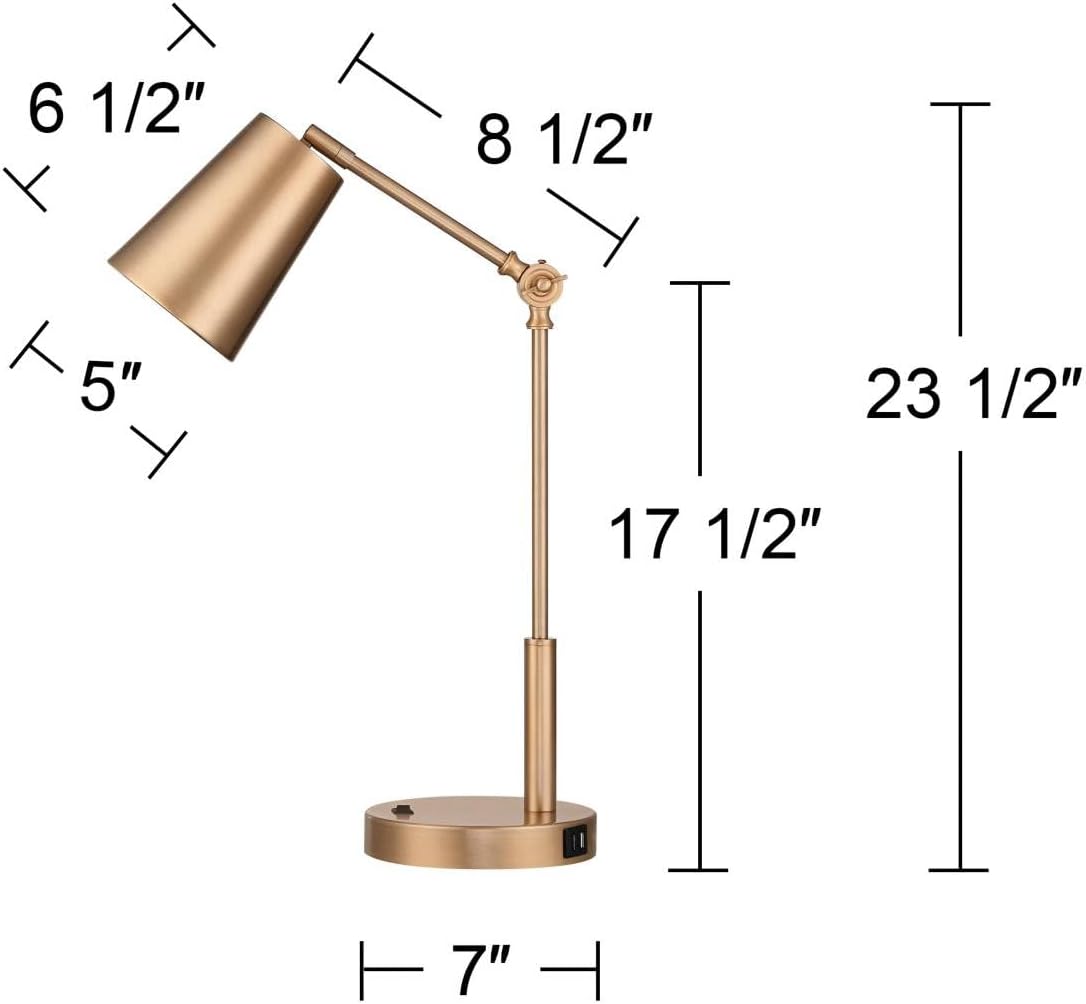 360 Lighting Sully 23 1/2' High Small Industrial Modern Desk Lamps Set of 2 Double USB Ports Adjustable Gold Brass Finish Metal Shade Home Office Living Room Charging Bedroom Bedside Nightstand