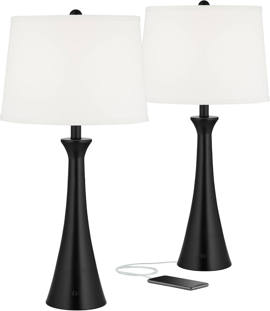 360 Lighting Karl 28 1/4' Tall Set of 2 Modern Table Lamps with USB Charging Ports and AC Power Outlet in Base Black Metal White Fabric Drum Shade for Bedroom Living Room House Bedside Nightstand
