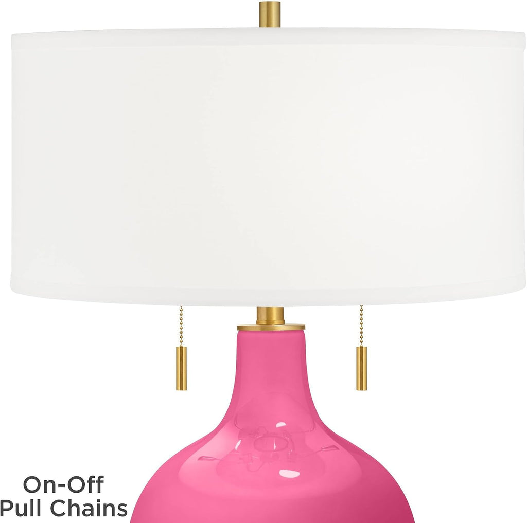 Color + Plus Toby 28' Tall Modern Glass Table Lamp Pull Chain Blossom Pink Gold Brass Finish Single Fabric White Shade Living Room Bedroom Bedside Nightstand House Office Family Reading Kitchen