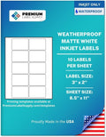 Premium Label Supply Waterproof Matte White Sticker Labels – 3' x 2' – Inkjet Printers Only – (10 per Sheet), 500 Sheets - 5,000 Total Adhesive Labels
