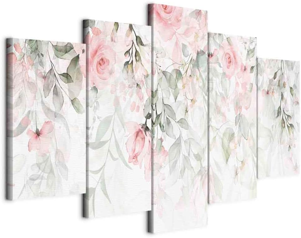 artgeist Acoustic Canvas Wall Art Flowers 40x20 in - 5pcs Picture with Acoustic Foam Sound Print Artwork Room Acoustics Soundproofing - Leaves Rose Nature rosa Green Plants Watercolor b-A-0697-b-n