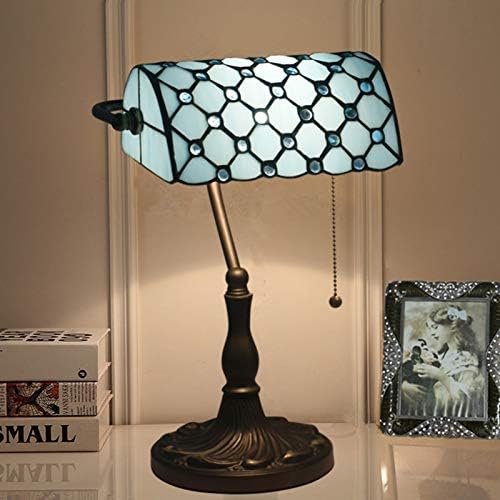 LITFAD Vintage Beads Table Light Art Glass 1 Light Blue Banker Lamp Bedside Table Lamp LED Desk Lamp Reading Light for Restaurant Bedroom Hotel Office
