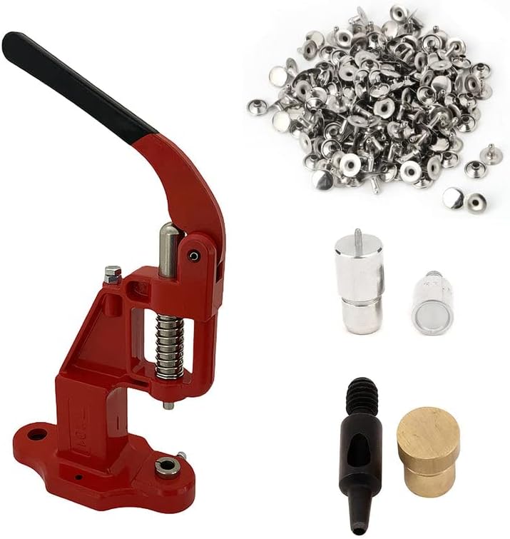 9mm Rivets Kit (1000 Sets) with Hand Press Machine, Dies and Hole Punch. Leather Rivets Single Round Cap Metal Stud Fasteners for Bag Belt Wallet Jeans(Red Press& Silver Rivets)