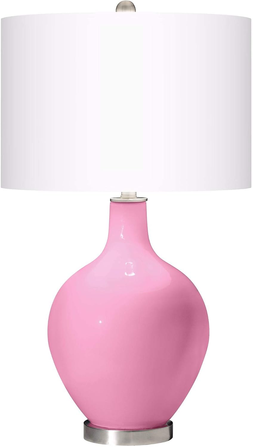 Color + Plus Modern Table Lamp 28.5' Tall Pale Pink Glass OVO White Linen Drum Shade for Living Room Family Bedroom Bedside Nightstand Office