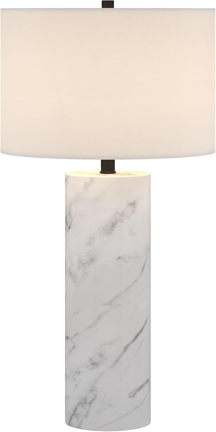 Henn&Hart 29.5' Glam 1-Light Table Lamp with White Fabric Drum Shade for Living Room, Bedroom, or Office, Carrara/Ebony