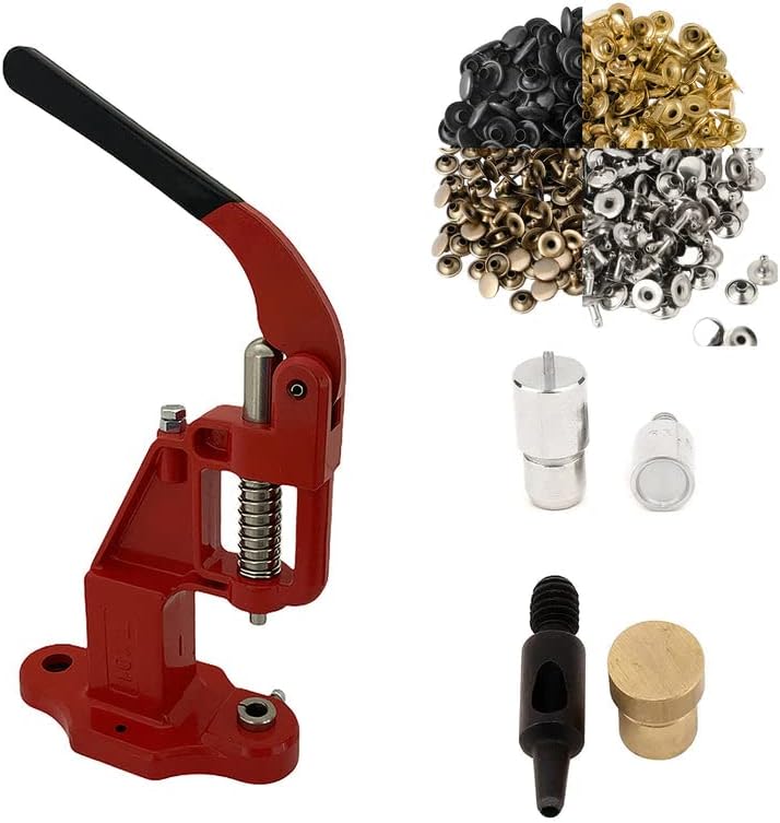 9mm Rivets Kit (1000 Sets) with Hand Press Machine, Dies and Hole Punch. Leather Rivets Single Round Cap Metal Stud Fasteners for Bag Belt Wallet Jeans (Red Press & Combo (4color) Rivets)