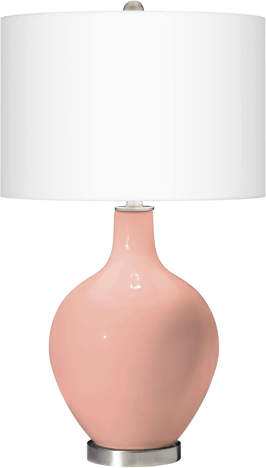 Color + Plus OVO 28 1/2' Tall Modern End Table Lamp Mellow Coral Pink Brushed Nickel Finish Glass Single Linen White Shade Living Room Bedroom Bedside Nightstand House Office Home Reading Kitchen
