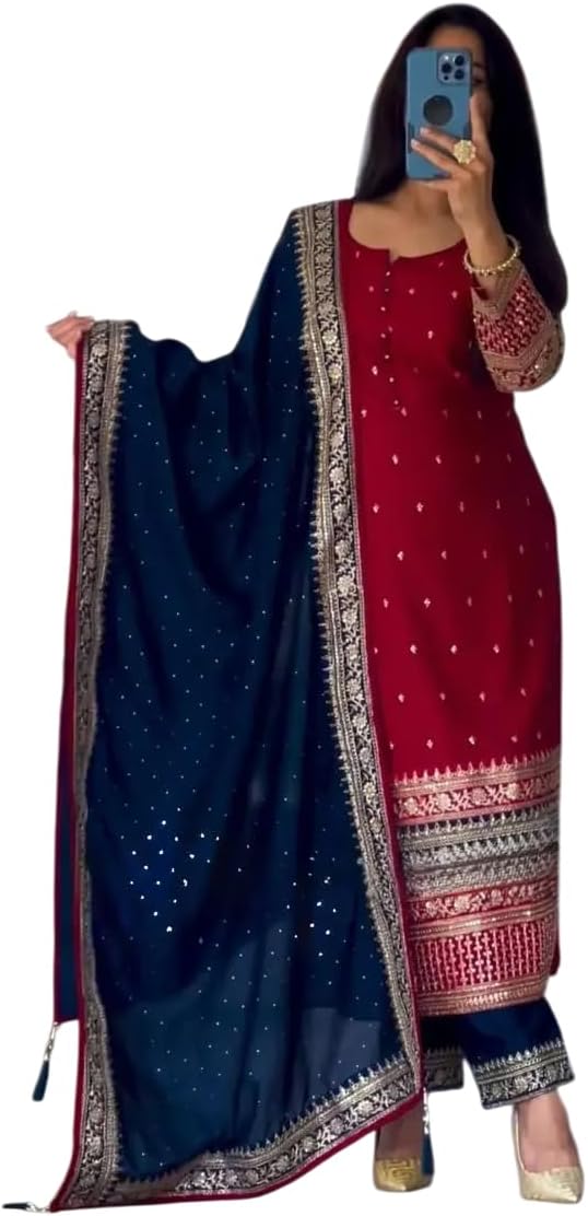 Narayan art and craft Women's Faux Georgette Embroidered Straight Kurti with Pant & Dupatta Set with Rivet Moti Work