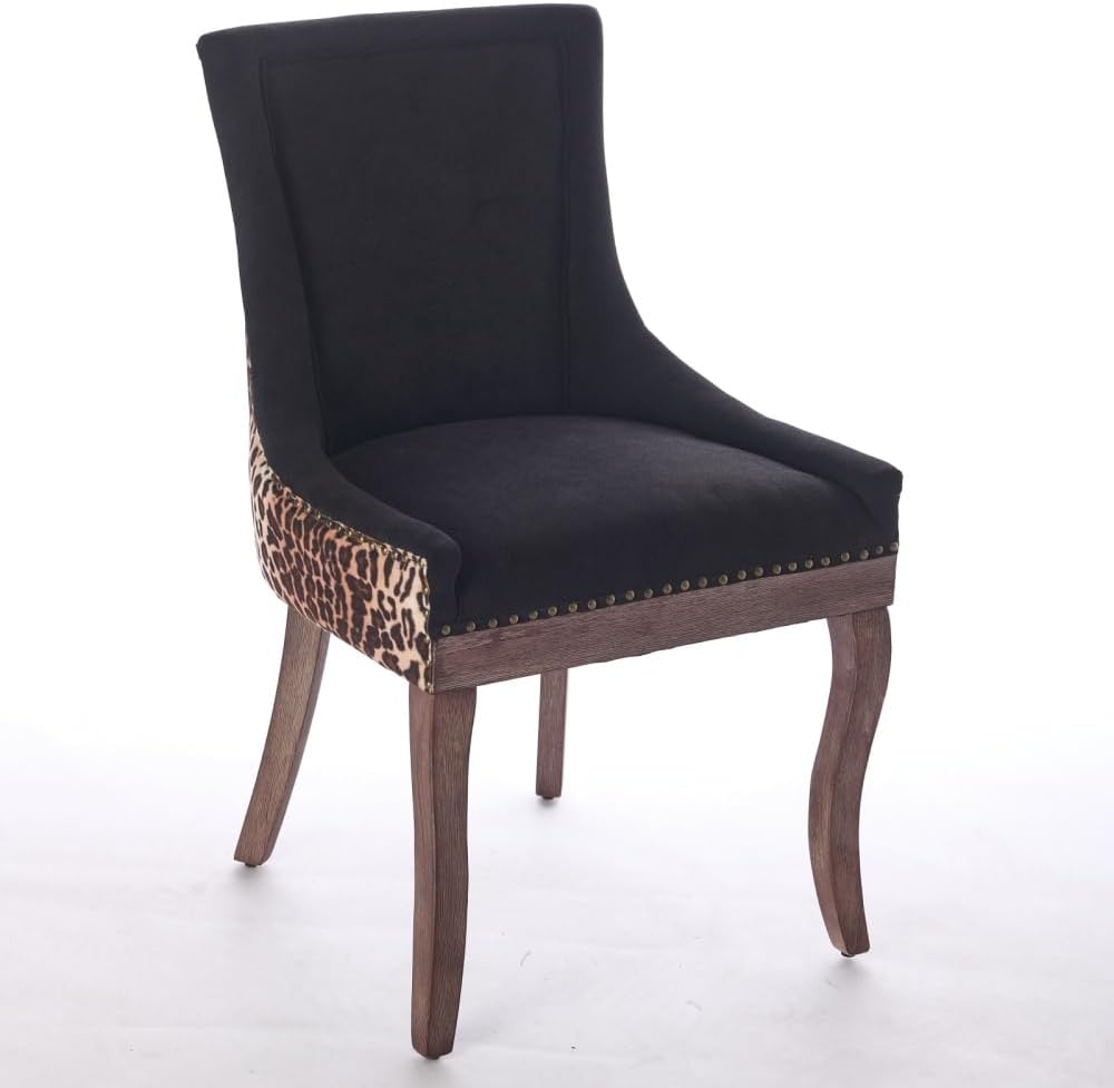 Dining Chairs Set of 2, Thickened Fabric Upholstered Chair with Neutral Solid Wood Legs & Bronze Nailhead Trim, Comfortable Accent Chairs for Dining Room/Kitchen/Living Space(Leopard + Fabric)