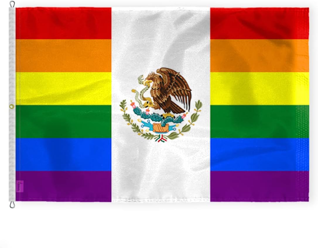 AGAS Large Mexico Rainbow Pride Flag 8x12 Ft - Printed 200D Nylon - Rope Thimble Brass Grommet Stitched Edges Fade Proof Sharp Colors - Large Size Indoor/Outdoor Mexican Pride flag