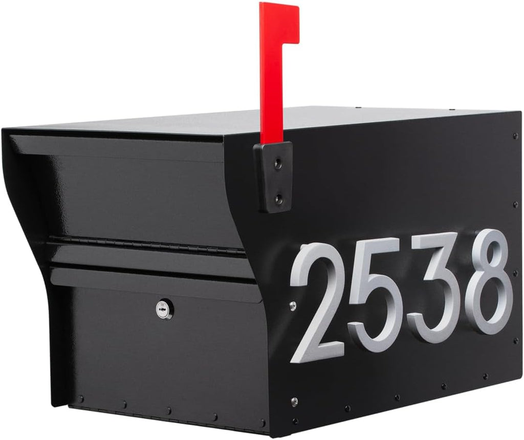 Whitehall MailVault Streetside Locking Mailbox, Personalize with Modern Stand-Off Address Numbers Package – Steel, Secure Weather Resistant Modern Square Mailbox (Black/Silver)
