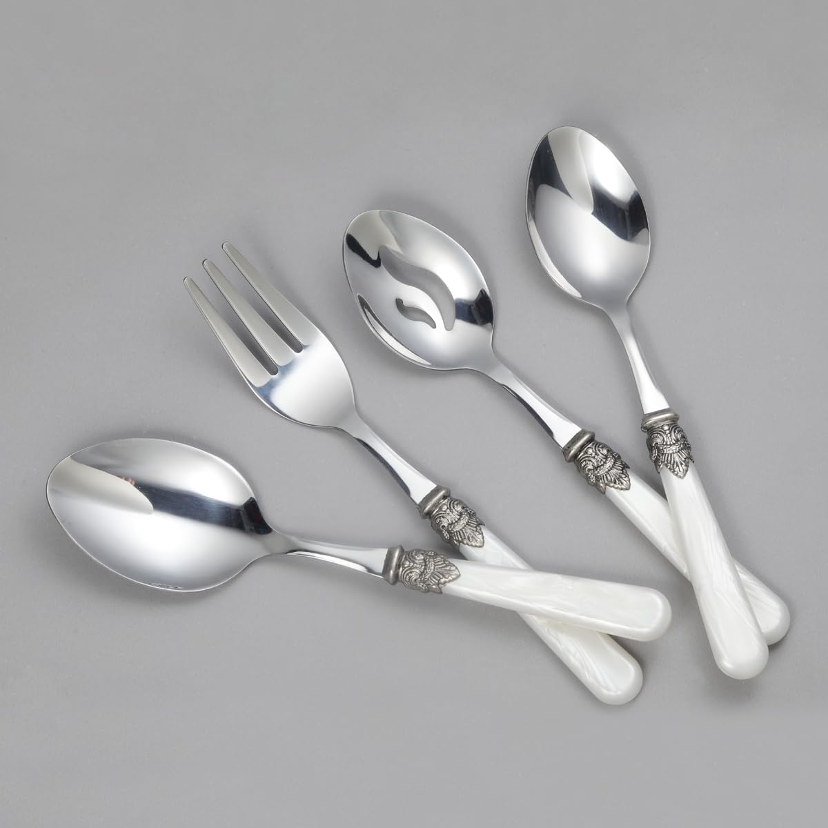 REVERIE Collection 18/10 Stainless Steel Vintage Flatware set,Sliverware set,Dishwasher safe (45, Pearl White)