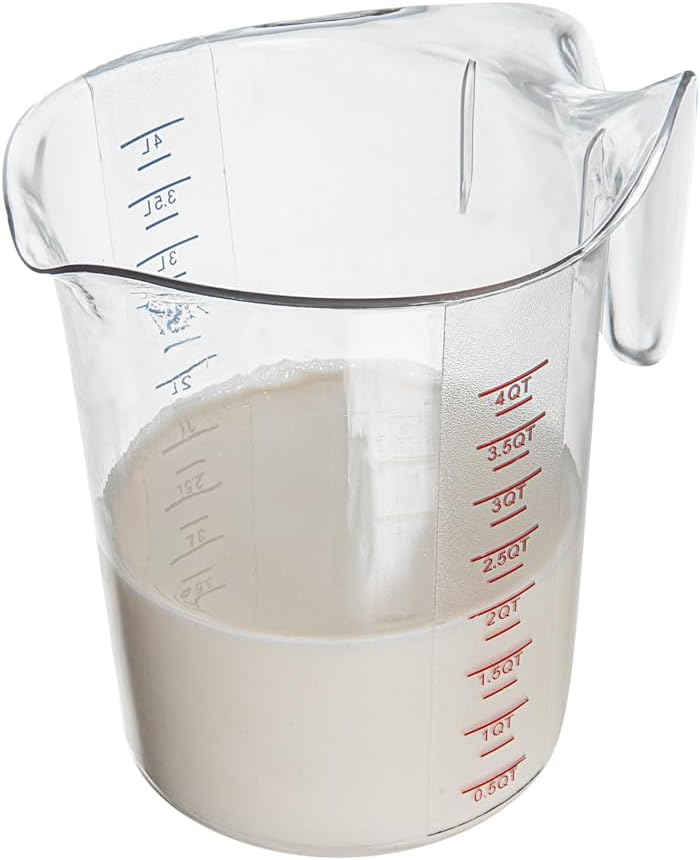 Restaurantware RW Base 4 Quart Measuring Jars 10 Durable Measuring Beakers - Metric And Imperial Units V-Shaped Spout Clear Plastic Measuring Cups Handle With Thumb-Grip Tolerates Up To 248F