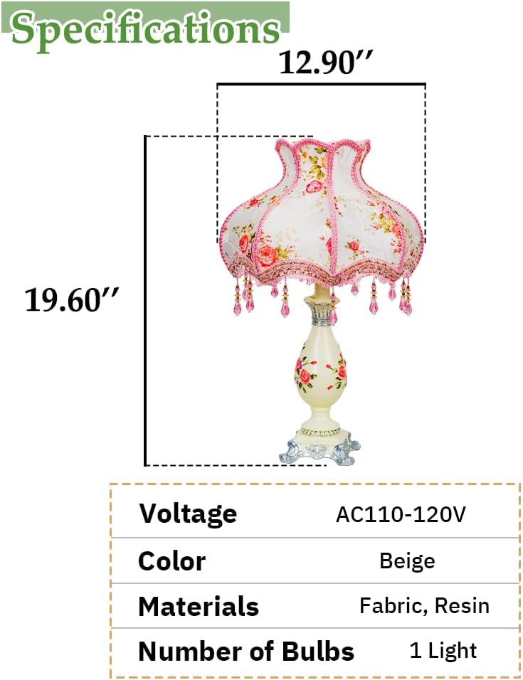 Cute Table Lamp with Fabric Lampshade, Antique Flower Decorative Bedside Desk Nightstand Lamp, Handmade Night Light for Bedroom Living Room (Pink and Beige)