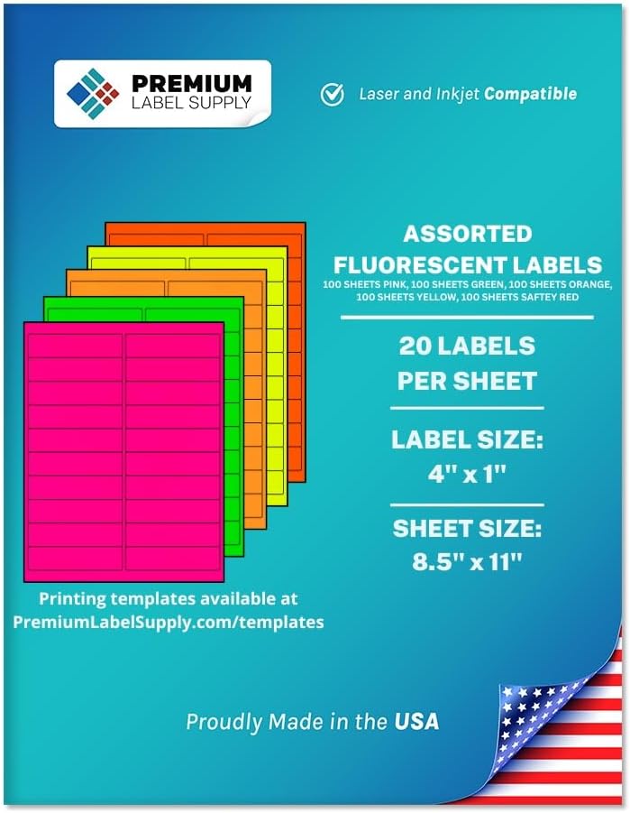 Premium Label Supply Bright Neon Color Fluorescent Sticker Labels - 4' x 1' Address Labels - (Assorted Fluorescent, 10,000 Labels)