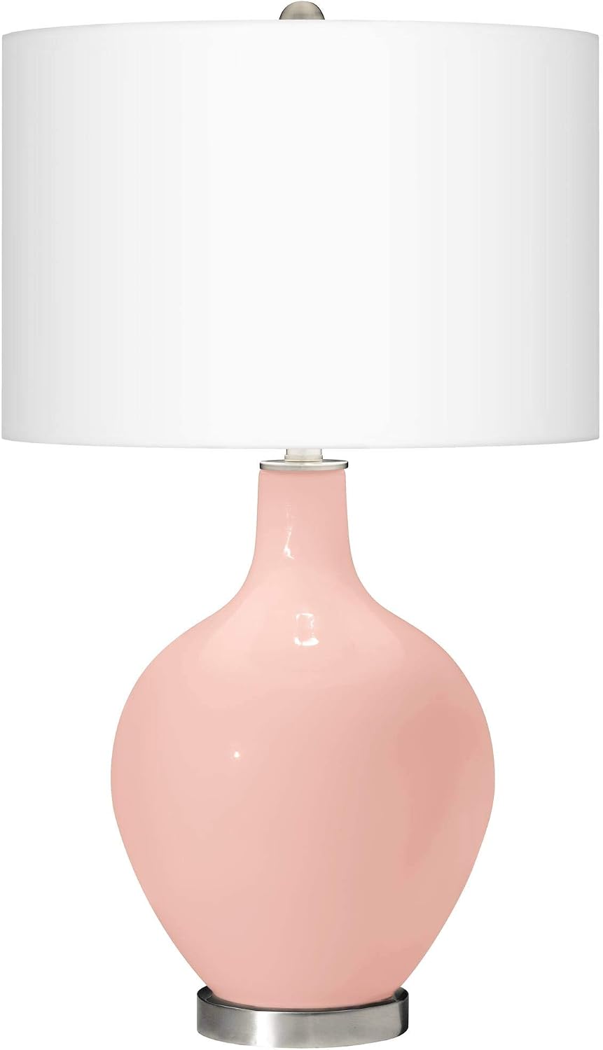 Color + Plus Modern Table Lamp 28.5' Tall Rose Pink Glass OVO White Linen Drum Shade for Living Room Family Bedroom Bedside Nightstand Office