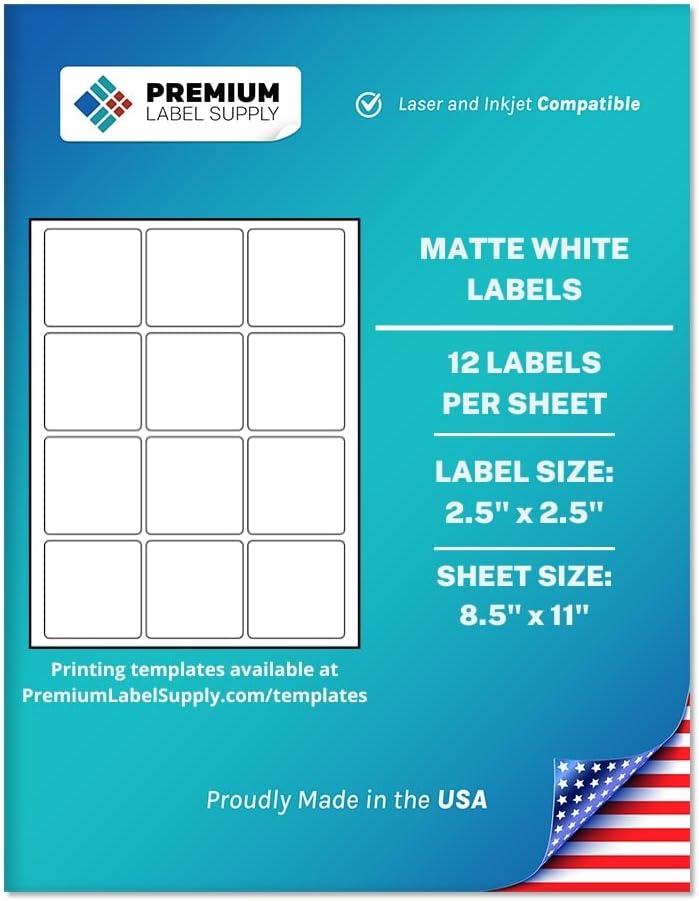 Premium Label Supply White Sticker Square Labels – 2.5' x 2.5' – Laser/Inkjet Compatible – (12 per Sheet), 1000 Sheets – 12,000 Total Adhesive Labels