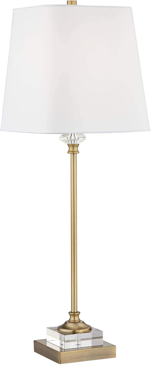 Regency Hill Julia Traditional Buffet Table Lamp 29 1/2' Tall Skinny Gold Column Clear Crystal Glass White Fabric Tapered Square Shade for Living Room Bedroom House Home Dining Family Entryway