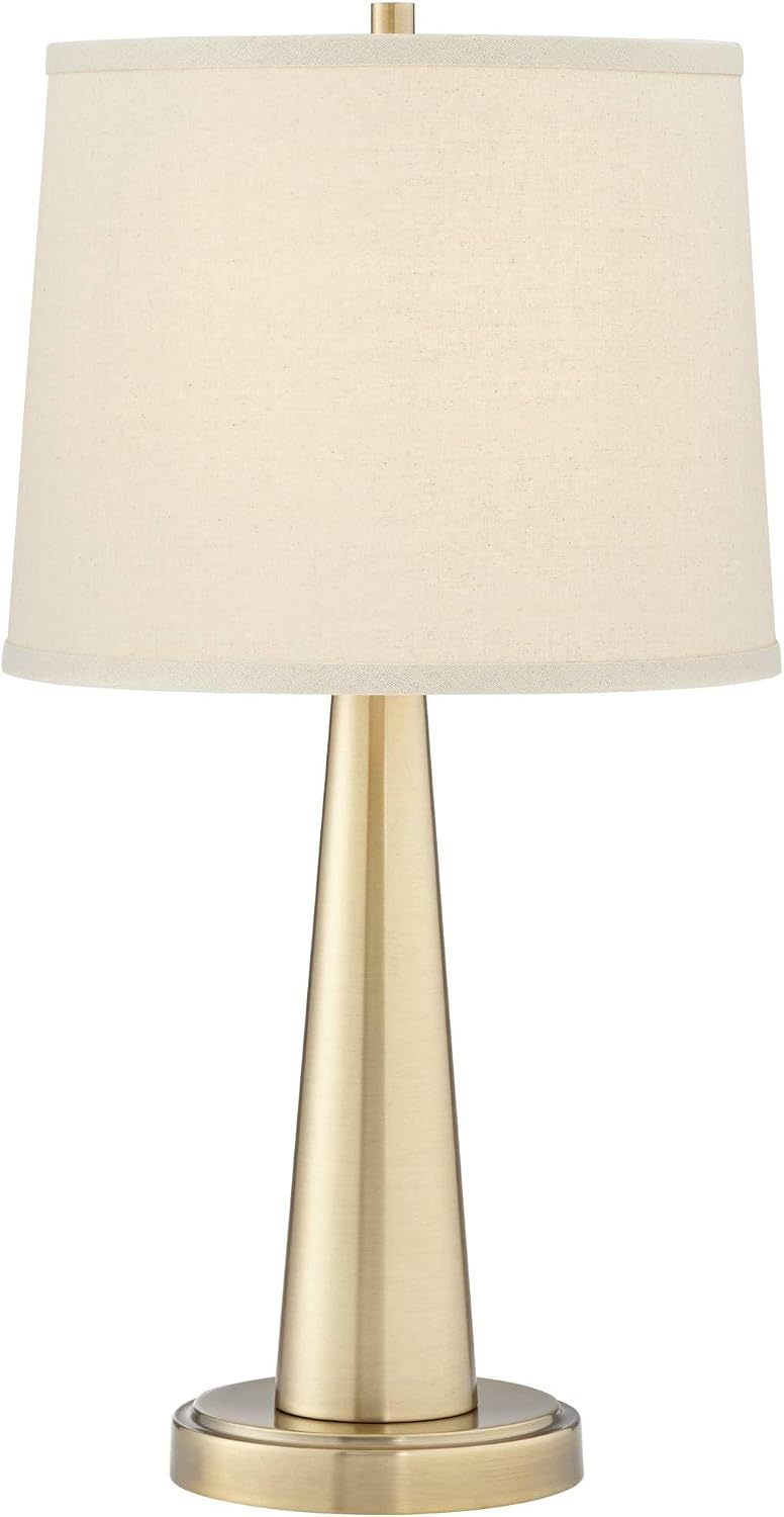 360 Lighting Karla 25' Tall Set of 2 Modern Table Lamps with USB Ports A+C Charging Brass Gold Metal Beige Fabric Drum Shade for Bedroom Living Room House Desk Bedside Nightstand Office Family