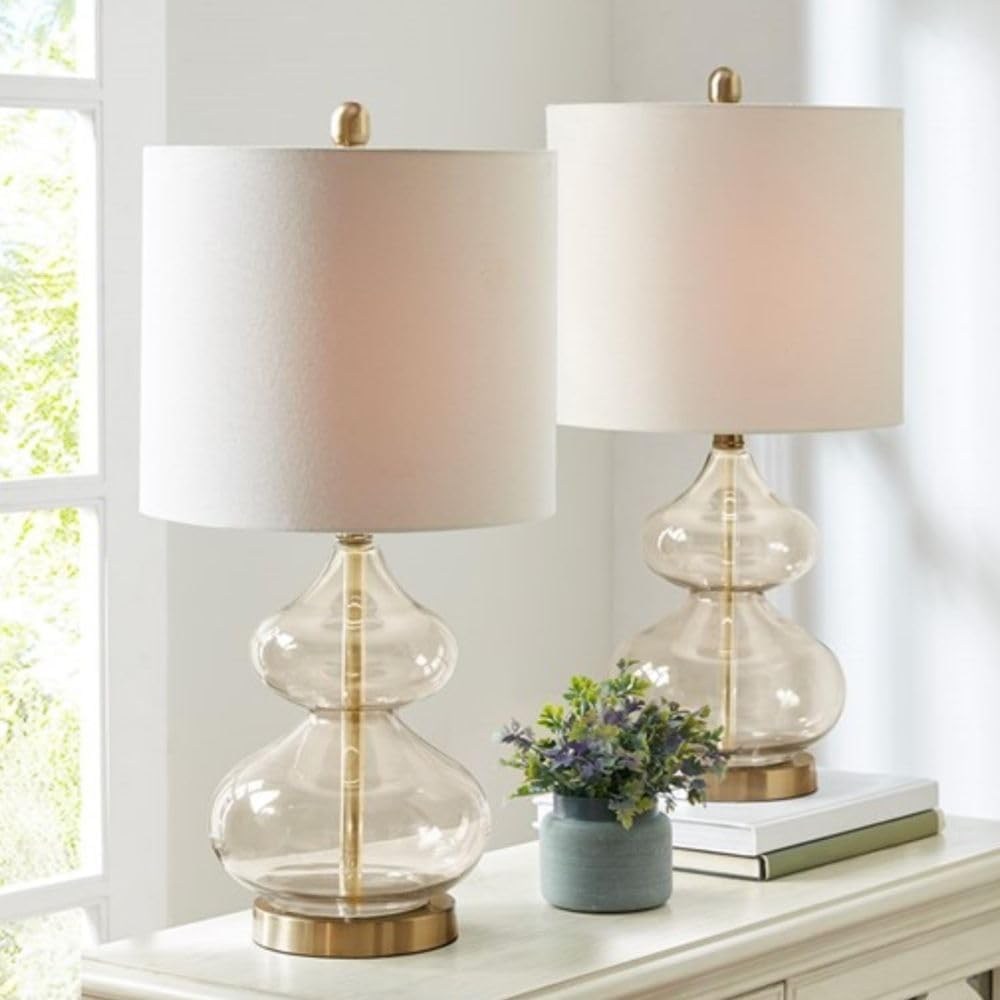 25-inch Set of 2 Modern Glass Table Lamps Portable Curved Design for Bedroom Living Room Office Nightstand Desk Dorm Gold Finish Ambient Lighting Home Decor Stylish and Functional
